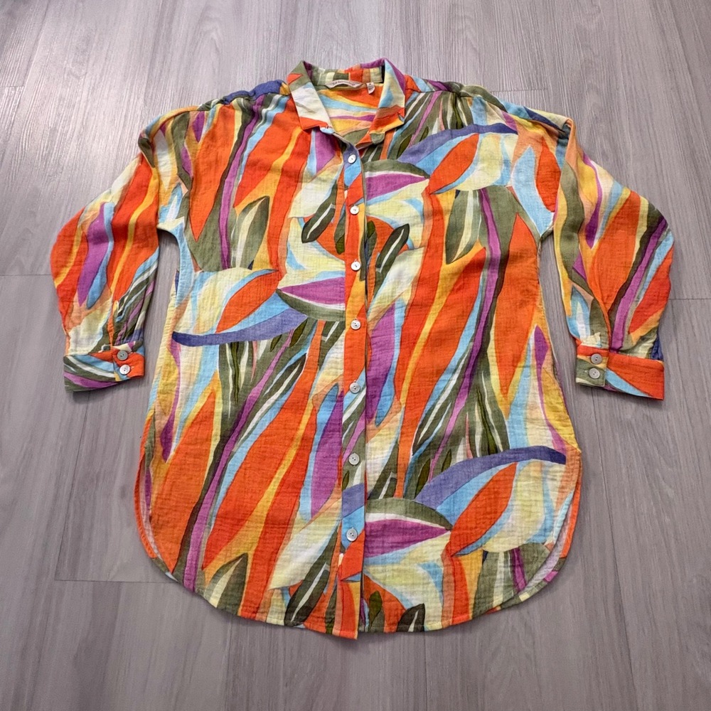 Soft Surroundings Women Tunic Shirt Abstract Botanical Gauze Button Down Orang M